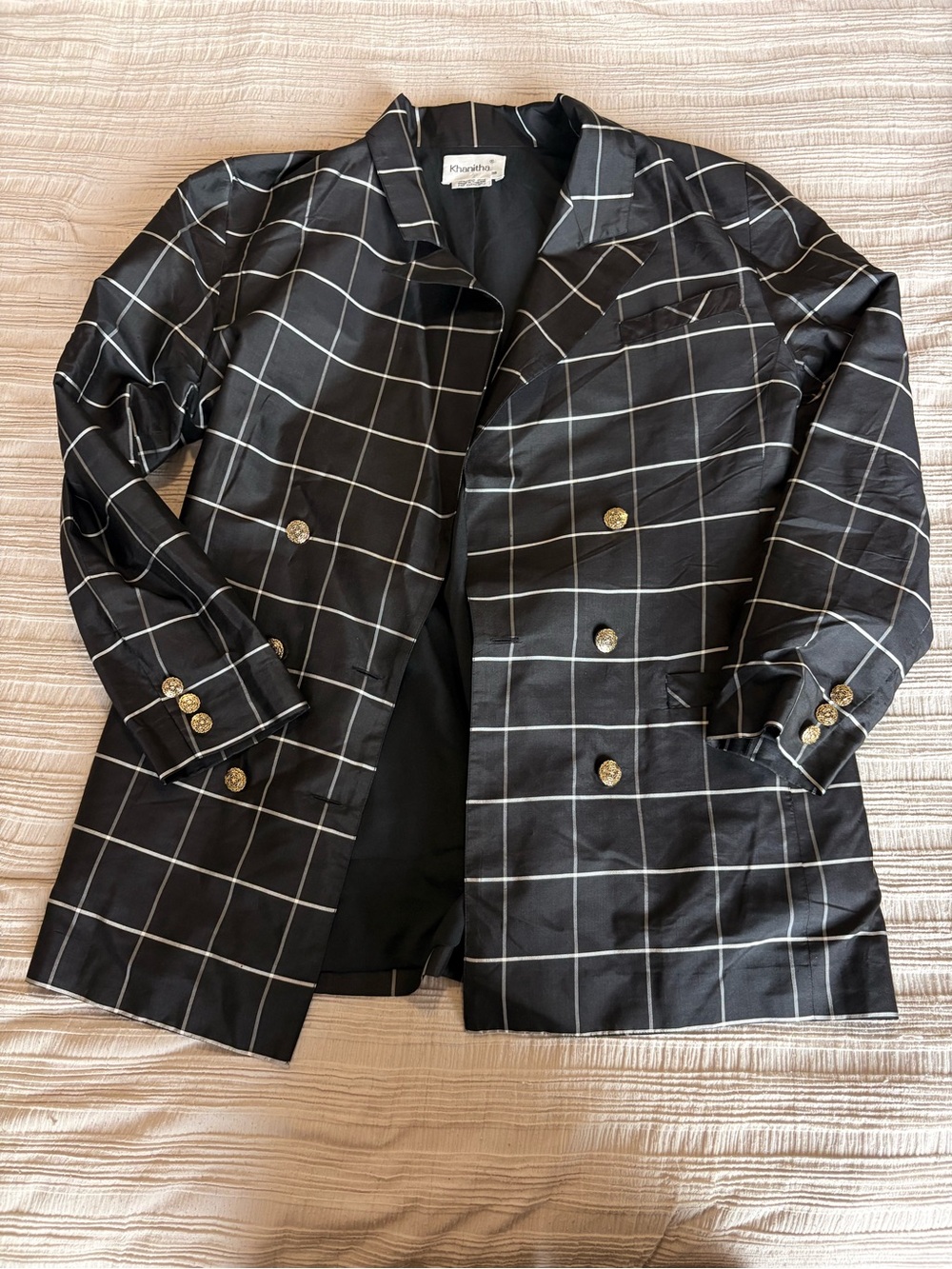 KHAITE Black Windowpane Double-Breasted Blazer with Gold Buttons